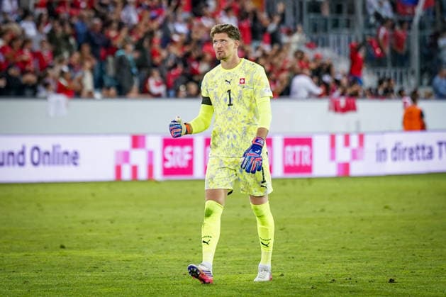 Soccer: UEFA Nations League 2026–2027, Matchday 3: Switzerland vs. Slovenia at Thermoplan Arena, Lucerne; Gregor Kobel (Switzerland), 1: facial expression, emotion, joy, celebration Copyright: xJOERANxSTEINSIEKx