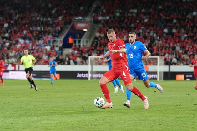 Luzern, Switzerland - October 03: Danijel Sturm (15 SLO) in duel with Nico Elvedi (4 SUI) during the UEFA Nations League match between Switzerland and Slovenia at thermoplan arena on October 03, 2026 in Luzern, Switzerland. Copyright: xKjetilxWaberx xSPPx Sportspressphoto_SPR244753