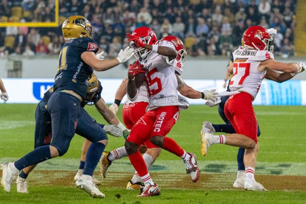Keyshawn Smith (Potsdam Royals, 15 Wide Receiver) returns the ball after the kick off Dresden Monarchs vs Potsdam Royals, American Football, German Football League, Week 22, Championship Game, 2026, 03.10.2026, Dresden Rudolf Harbig Stadion Saxony Germany Copyright: xPFA SebastianxJustx
