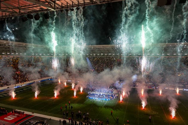 Firework after the game to celebrate the Dresden Monarchs win Dresden Monarchs vs Potsdam Royals, American Football, German Football League, Week 22, Championship Game, 2026, 03.10.2026, Dresden Rudolf Harbig Stadion Saxony Germany Copyright: xPFA SebastianxJustx