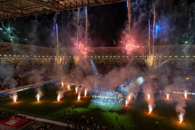 Firework after the game to celebrate the Dresden Monarchs win Dresden Monarchs vs Potsdam Royals, American Football, German Football League, Week 22, Championship Game, 2026, 03.10.2026, Dresden Rudolf Harbig Stadion Saxony Germany Copyright: xPFA SebastianxJustx