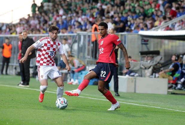 Croatia v England - UEFA Nations League 2026 27 Group A3 MD3 RIJEKA, CROATIA - OCTOBER 3: Martin Baturina of Croatia and Jarell Quansah of England compete for a ball during the UEFA Nations League 2026 27 group phase match between Croatia and England at Stadion HNK Rijeka on October 3, 2026 in Rijeka, Croatia. GoranxKovacic PIXSELL