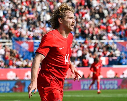 October 3, 2026, Montreal, Pq, Canada: Canada s Jacob Shaffelburg (14) celebrates after scoring against Peru during first half International Friendly, Länderspiel, Nationalmannschaft soccer action in Montreal, on Saturday, Oct. 3, 2026. Canada News - October 3, 2026 - ZUMAc35_ 20261003_zaf_c35_029 Copyright: xGrahamxHughesx