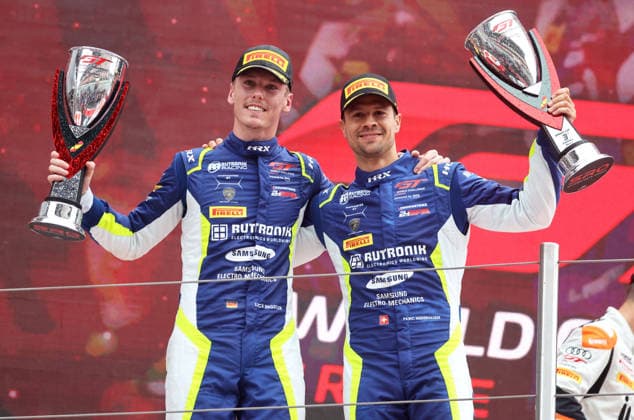 GT World Challenge Europe powered by AWS Barcelona 2026 Patric Niederhauser and Luca Engstler of Rutronik Racing stand on the podium at the Circuit de Barcelona-Catalunya after finishing third in the GT World Challenge Europe race in Barcelona, Spain, on October 3, 2026. Barcelona Barcelona Spain  Copyright: xUrbanandsportx originalFilename:valls-gtworldc261103_npvwq.jpg
