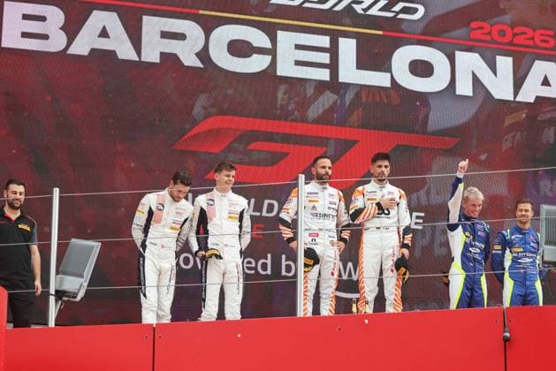 GT World Challenge Europe powered by AWS Barcelona 2026 Dylan Pereira and Alex Aka of Tresor Attempto Racing, Bastian Buus and Ricardo Feller of Lionspeed GP, and Patric Niederhauser and Luca Engstler of Rutronik Racing stand on the podium after finishing in the top three positions in the GT World Challenge Europe race at the Circuit de Barcelona-Catalunya in Barcelona, Spain, on October 3, 2026. Barcelona Barcelona Spain  Copyright: xUrbanandsportx originalFilename:valls-gtworldc261103_npwIP.jpg