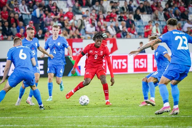 Soccer: UEFA Nations League 2026–2027, Matchday 3: Switzerland vs. Slovenia at Thermoplan Arena in Lucerne; Johan Manzambi (Switzerland), No. 9 on the ball Copyright: xJOERANxSTEINSIEKx