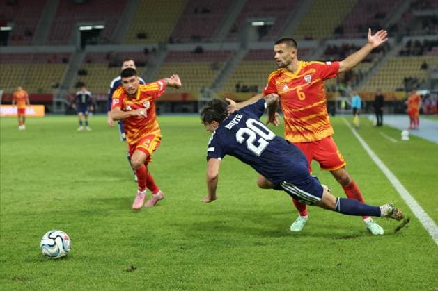 Kieron Bowie of Scotland is fouled by Visar Musliu of North Macedonia. North Macedonia v Scotland, UEFA Nations League, Football, Nacionalna Arena Tose Proeski, Skopje, North Macedonia - 03 Oct 2026Skopje Nacionalna Arena Tose Proeski North Macedonia  Copyright: xNikolaxKrstic Shutterstockx 17184131eu