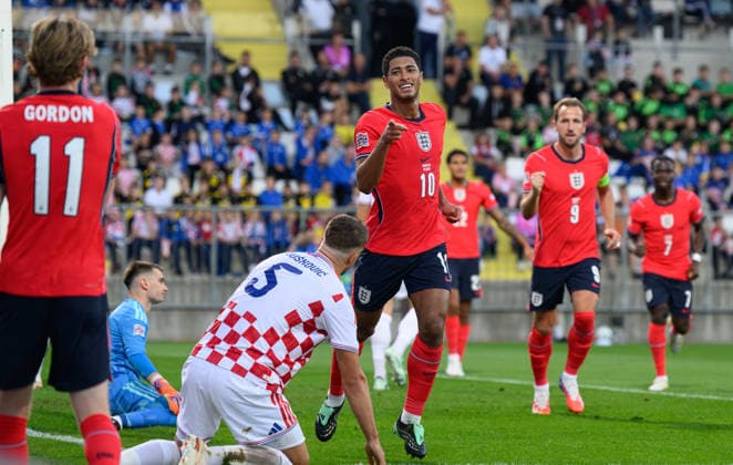 03 October 2026 - Croatia v England - UEFA Nations League - Stadion HNK - Rijeka - Croatia. Croatia v England - UEFA Nations League - Stadion HNK - Rijeka - Croatia. England s Jude Bellingham celebrates his goal and points back to Anthony Gordon who provided the cross. Picture : Mark Pain RIJEKA CROATIA Copyright: xMarkxPainx