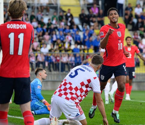 03 October 2026 - Croatia v England - UEFA Nations League - Stadion HNK - Rijeka - Croatia. Croatia v England - UEFA Nations League - Stadion HNK - Rijeka - Croatia. England s Jude Bellingham celebrates his goal and points back to Anthony Gordon who provided the cross. Picture : Mark Pain RIJEKA CROATIA Copyright: xMarkxPainx
