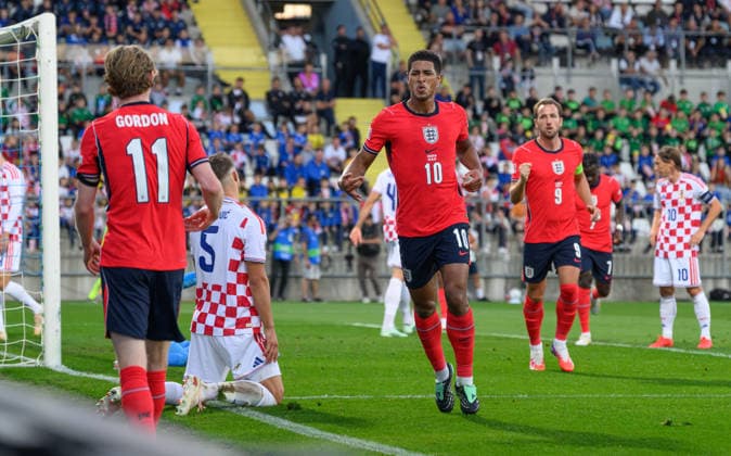 03 October 2026 - Croatia v England - UEFA Nations League - Stadion HNK - Rijeka - Croatia. Croatia v England - UEFA Nations League - Stadion HNK - Rijeka - Croatia. England s Jude Bellingham celebrates his goal and points back to Anthony Gordon who provided the cross. Picture : Mark Pain RIJEKA CROATIA Copyright: xMarkxPainx