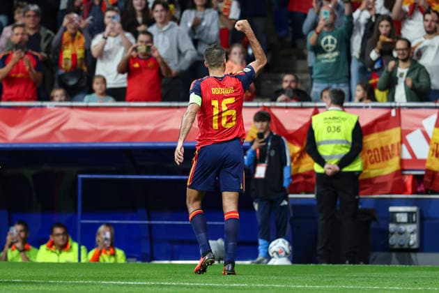 October 3, 2026, Oviedo, Asturias, Spain: Rodri of Spain celebrates after scoring his team s second goal during the UEFA Nations League 2026 27 group phase match between Spain and Czech Republic at Carlos Tartiere stadium on October 03, 2026, in Oviedo, Spain. Spain V Czech Republic - UEFA Nations League 2026 27 Group A3 MD3  - ZUMAa181 20261003_zaa_a181_101 Copyright: xIrinaxR.xHx