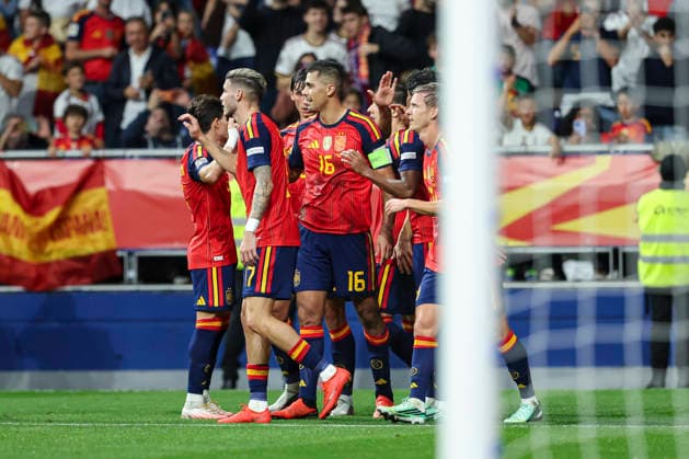 October 3, 2026, Oviedo, Asturias, Spain: Rodri of Spain celebrates after scoring his team s second goal with teammates during the UEFA Nations League 2026 27 group phase match between Spain and Czech Republic at Carlos Tartiere stadium on October 03, 2026, in Oviedo, Spain. Spain V Czech Republic - UEFA Nations League 2026 27 Group A3 MD3  - ZUMAa181 20261003_zaa_a181_102 Copyright: xIrinaxR.xHx