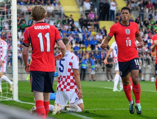 03 October 2026 - Croatia v England - UEFA Nations League - Stadion HNK - Rijeka - Croatia. Croatia v England - UEFA Nations League - Stadion HNK - Rijeka - Croatia. England s Jude Bellingham celebrates his goal and points back to Anthony Gordon who provided the cross. Picture : Mark Pain RIJEKA CROATIA Copyright: xMarkxPainx