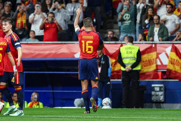 October 3, 2026, Oviedo, Asturias, Spain: Rodri of Spain celebrates after scoring his team s second goal during the UEFA Nations League 2026 27 group phase match between Spain and Czech Republic at Carlos Tartiere stadium on October 03, 2026, in Oviedo, Spain. Spain V Czech Republic - UEFA Nations League 2026 27 Group A3 MD3  - ZUMAa181 20261003_zaa_a181_104 Copyright: xIrinaxR.xHx
