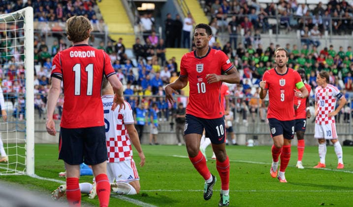 03 October 2026 - Croatia v England - UEFA Nations League - Stadion HNK - Rijeka - Croatia. Croatia v England - UEFA Nations League - Stadion HNK - Rijeka - Croatia. England s Jude Bellingham celebrates his goal with Anthony Gordon who provided the cross. Picture : Mark Pain RIJEKA CROATIA Copyright: xMarkxPainx