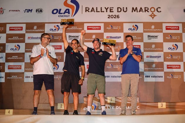 W2RC - RALLYE DU MAROC 2026 WALKNER Matthias (aut), BRP Can-Am Maverick R, South Racing Can-Am, SSV SSV1, action, portrait, MENA Oriol (esp), BRP Can-Am Maverick R, South Racing Can-Am, SSV SSV1, action, portrait portrait during the the Podium and Prize Giving Ceremony of the Rallye du Maroc 2026, 4th round of the 2026 WR2C Championship from October 3, 2026 around Zagora, Morocco - AgadirMorocco  Copyright: xPauloxMariax
