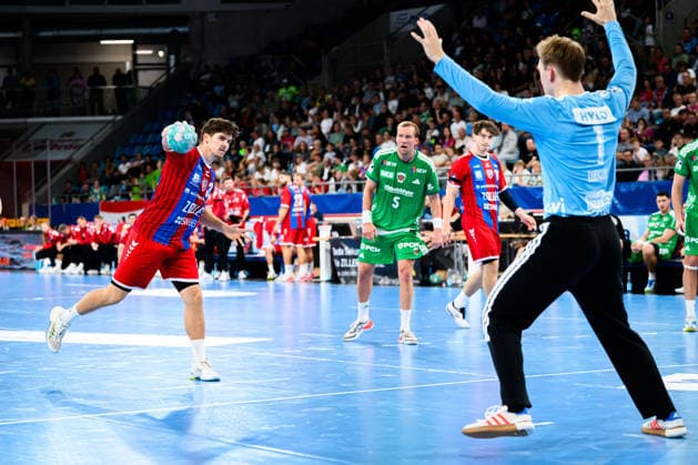 Bietigheim HBL 26 27 SG BBM Bietigheim Fuechse Berlin; from left: Alexander Pfeifer (Bietigheim), goalkeeper Lasse Ludwig (Berlin); Bietigheim-Bissingen, Egetrans Arena, Baden-Württemberg, Germany