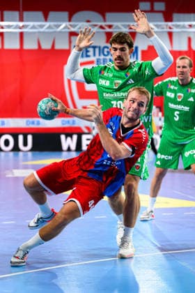 Bietigheim HBL 26 27 SG BBM Bietigheim Fuechse Berlin Aymeric Zaepfel Berlin, Mathias Larson Bietigheim Bietigheim Bissingen Egetrans Arena Baden-Württemberg Germany