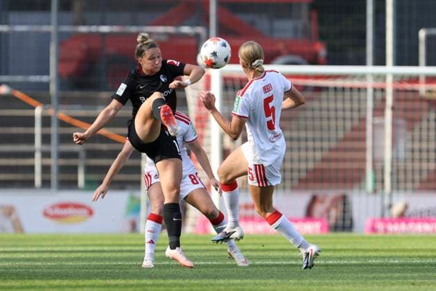 Carina Brunold of SC Freiburg and Laura Vogt of 1. FC Köln battle for the ball during the Women s Bundesliga match between 1. FC Köln and SC Freiburg, Franz Kremer Stadium on October 3, 2026, in Cologne, Germany. Photo by Oliver Kaelke, DeFodi Images. Carina Brunold of SC Freiburg and Laura Vogt of 1. FC Köln battle for the ball during the Bundesliga match between 1. FC Köln and SC Freiburg at Franz Kremer Stadium on October 3, 2026 in Cologne, Germany. Photo by Oliver Kaelke, DeFodi Images. DFB and DFL regulations prohibit any use of photographs as image sequences and or quasi-video. Photo by Oliver Kaelke, DeFodi Images.