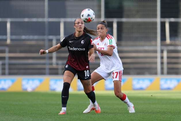 Selina Vobian of SC Freiburg and Laura Feiersinger of 1. FC Köln go head-to-head during the Women s Bundesliga match between 1. FC Köln and SC Freiburg, Franz Kremer Stadium on October 3, 2026, in Cologne, Germany. Photo by Oliver Kaelke, DeFodi Images. Selina Vobian of SC Freiburg and Laura Feiersinger of 1. FC Köln battle for the ball during the Bundesliga match between 1. FC Köln and SC Freiburg at Franz Kremer Stadium on October 3, 2026 in Cologne, Germany. Photo by Oliver Kaelke, DeFodi Images. DFB and DFL regulations prohibit any use of photographs as image sequences and or quasi-video. Photo by Oliver Kaelke, DeFodi Images.