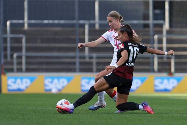 Selina Vobian of SC Freiburg and Celina Degen of 1. FC Köln go head-to-head during the Women s Bundesliga match between 1. FC Köln and SC Freiburg, Franz Kremer Stadium on October 3, 2026, in Cologne, Germany. Photo by Oliver Kaelke, DeFodi Images. Selina Vobian of SC Freiburg and Celina Degen of 1. FC Köln battle for the ball during the Bundesliga match between 1. FC Köln and SC Freiburg at Franz Kremer Stadium on October 3, 2026 in Cologne, Germany. Photo by Oliver Kaelke, DeFodi Images. DFB and DFL regulations prohibit any use of photographs as image sequences and or quasi-video. Photo by Oliver Kaelke, DeFodi Images.