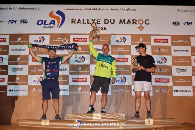 W2RC - RALLYE DU MAROC 2026 KREJÄaÃ Roman (cze), Bo!Beton Racing, KTM 450 Rally Factory Replica, FIM W2RC, Rally 2 V, portrait, PABIÅ KA David (cze), SP Moto Bohemia Racing Team, KTM 450 Rally Factory Replica, FIM W2RC, Rally 2 V, portrait, BRUNAUD Stephane (fra), Stephane Brunaud, KTM 450 Rally Factory Replica, FIM W2RC, Rally 2 V MM, portrait portrait during the the Podium and Prize Giving Ceremony of the Rallye du Maroc 2026, 4th round of the 2026 WR2C Championship from October 3, 2026 around Zagora, Morocco - AgadirMorocco  Copyright: xPauloxMariax