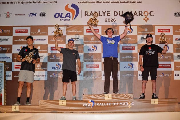 W2RC - RALLYE DU MAROC 2026 BOZZO Bruno (esp), Pedregà Racing Team, KTM 450 Rally Factory Replica, FIM W2RC, Rally 2 J, portrait, PELLICER Alfredo (esp), Xraids Experience, KTM 450 Rally Factory Replica, FIM W2RC, Rally 2 J, portrait, portrait during the the Podium and Prize Giving Ceremony of the Rallye du Maroc 2026, 4th round of the 2026 WR2C Championship from October 3, 2026 around Zagora, Morocco - AgadirMorocco Copyright: xPauloxMariax