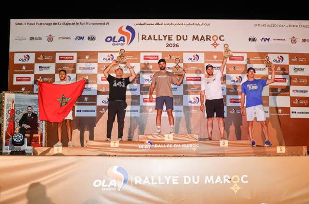 W2RC - RALLYE DU MAROC 2026 MARTIN Albert (esp), Triumph Spain, X Triumph TF 450 Rally, FIM W2RC, Rally 3 MM, portrait, PUREVDORJ Murun (mgl), Xraids Experience, KTM EXC F, FIM W2RC, Rally 3, portrait, FAVAREL Julien (fra), Fuze Factory, KTM EXC 450, FIM W2RC, Rally 3, portrait, portrait during the the Podium and Prize Giving Ceremony of the Rallye du Maroc 2026, 4th round of the 2026 WR2C Championship from October 3, 2026 around Zagora, Morocco - AgadirMorocco Copyright: xPauloxMariax