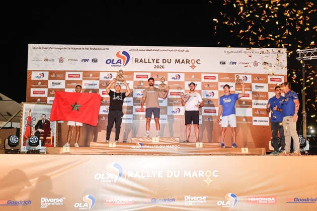 W2RC - RALLYE DU MAROC 2026 MARTIN Albert (esp), Triumph Spain, X Triumph TF 450 Rally, FIM W2RC, Rally 3 MM, portrait, PUREVDORJ Murun (mgl), Xraids Experience, KTM EXC F, FIM W2RC, Rally 3, portrait, FAVAREL Julien (fra), Fuze Factory, KTM EXC 450, FIM W2RC, Rally 3, portrait, portrait during the the Podium and Prize Giving Ceremony of the Rallye du Maroc 2026, 4th round of the 2026 WR2C Championship from October 3, 2026 around Zagora, Morocco - AgadirMorocco Copyright: xPauloxMariax
