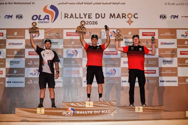 W2RC - RALLYE DU MAROC 2026 CAMPBELL Preston (usa), Monster Energy Honda HRC, Honda CRF 450, FIM W2RC, Rally 2, portrait, DOCHERTY Michael (rsa), Hero Motosports Team Rally, Hero 450 Rally, FIM W2RC, Rally 2, portrait, VENTURA Martim (por), Monster Energy Honda HRC, Honda CRF 450, FIM W2RC, Rally 2, portrait portrait during the the Podium and Prize Giving Ceremony of the Rallye du Maroc 2026, 4th round of the 2026 WR2C Championship from October 3, 2026 around Zagora, Morocco - AgadirMorocco  Copyright: xPauloxMariax