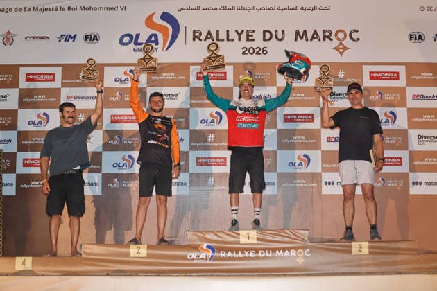 W2RC - RALLYE DU MAROC 2026 VEGA Javi (esp), Pont Grup - Kove, Kove 450 Rally, FIM W2RC, Rally 2 MM, portrait, SERTILHANGES Valentin (fra), Horizon Moto 95, KTM 450 Rally Factory Replica, FIM W2RC, Rally 2 MM, portrait, BRUNAUD Stephane (fra), Stephane Brunaud, KTM 450 Rally Factory Replica, FIM W2RC, Rally 2 V MM, portrait, portrait during the the Podium and Prize Giving Ceremony of the Rallye du Maroc 2026, 4th round of the 2026 WR2C Championship from October 3, 2026 around Zagora, Morocco - AgadirMorocco Copyright: xPauloxMariax