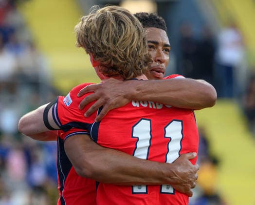 03 October 2026 - Croatia v England - UEFA Nations League - Stadion HNK - Rijeka - Croatia. Croatia v England - UEFA Nations League - Stadion HNK - Rijeka - Croatia. England s Jude Bellingham celebrates his goal with Anthony Gordon. Picture : Mark Pain RIJEKA CROATIA Copyright: xMarkxPainx