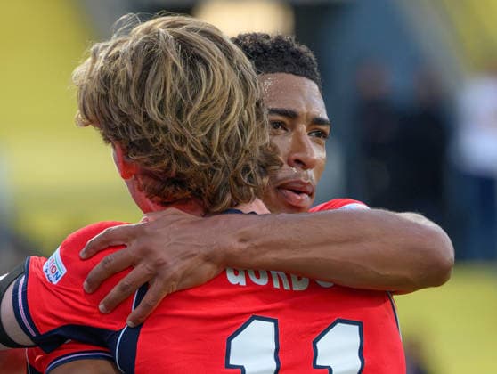 03 October 2026 - Croatia v England - UEFA Nations League - Stadion HNK - Rijeka - Croatia. Croatia v England - UEFA Nations League - Stadion HNK - Rijeka - Croatia. England s Jude Bellingham celebrates his goal with Anthony Gordon. Picture : Mark Pain RIJEKA CROATIA Copyright: xMarkxPainx