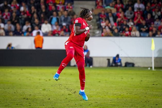 Soccer: UEFA Nations League 2026–2027, Matchday 3: Switzerland vs. Slovenia at Thermoplan Arena in Lucerne; Winsley Boteli’s debut for Switzerland; 19: Joy and excitement as he entered the game; facial expressions, emotions Copyright: xJOERANxSTEINSIEKx