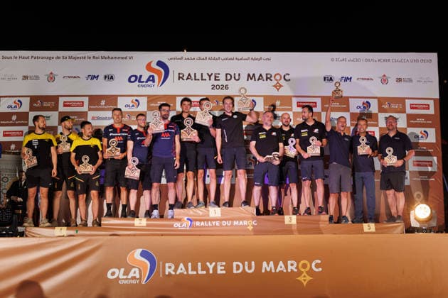 W2RC - RALLYE DU MAROC 2026 603 VAN DEN BRINK Mitchel (ned), VAN HEUN Bart (ned), VAN DE POL Jarno (ned), Iveco Powerstar, Team De Rooy, TRK T5.1, 600 MACIK Martin (cze), TOMASEK Frantisek (cze), SVANDA David (cze), MM Technology Dakar Evo4, MM Technology, TRK T5.1, 606 SOLTYS Martin (cze), MIKSCH Vlastimil (cze), SIKOLA Tomas (cze), Buggyra Invictus, Buggyra ZM Racing, TRK T5.1, during the the Podium and Prize Giving Ceremony of the Rallye du Maroc 2026, 4th round of the 2026 WR2C Championship from October 3, 2026 around Zagora, Morocco - AgadirMorocco Copyright: xFREDERICxLExFLOCxHx