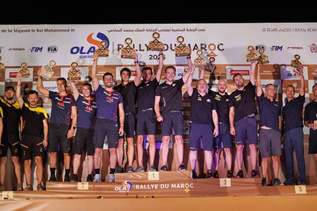 W2RC - RALLYE DU MAROC 2026 603 VAN DEN BRINK Mitchel (ned), VAN HEUN Bart (ned), VAN DE POL Jarno (ned), Iveco Powerstar, Team De Rooy, TRK T5.1, 600 MACIK Martin (cze), TOMASEK Frantisek (cze), SVANDA David (cze), MM Technology Dakar Evo4, MM Technology, TRK T5.1, 606 SOLTYS Martin (cze), MIKSCH Vlastimil (cze), SIKOLA Tomas (cze), Buggyra Invictus, Buggyra ZM Racing, TRK T5.1, during the the Podium and Prize Giving Ceremony of the Rallye du Maroc 2026, 4th round of the 2026 WR2C Championship from October 3, 2026 around Zagora, Morocco - AgadirMorocco Copyright: xFREDERICxLExFLOCxHx