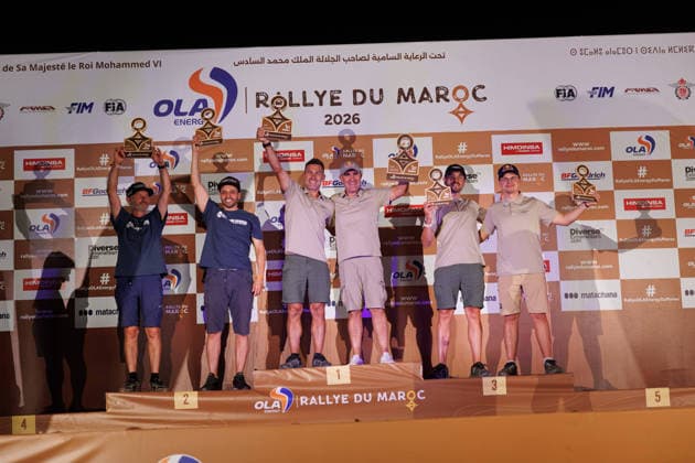 W2RC - RALLYE DU MAROC 2026 500 PETERHANSEL Stà phane (fra), METGE Michaël (fra), Defender Dakar D7X-R, Defender Rally, FIA W2RC, STK STK, 505 SEAIDAN Yasir (ksa), POLATO Jean-Michel (fra), Toyota Land Cruiser GR Team Land Cruiser Toyota Auto Body, FIA W2RC, STK STK, 502 BACIUSKA Rokas (ltu), VIDAL Oriol (esp), Defender Dakar D7X-R, Defender Rally, FIA W2RC, STK STK, podium, portrait, during the the Podium and Prize Giving Ceremony of the Rallye du Maroc 2026, 4th round of the 2026 WR2C Championship from October 3, 2026 around Zagora, Morocco - AgadirMorocco Copyright: xFREDERICxLExFLOCxHx