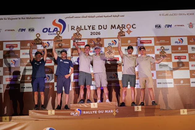 W2RC - RALLYE DU MAROC 2026 500 PETERHANSEL StÃ phane (fra), METGE MichaÃ«l (fra), Defender Dakar D7X-R, Defender Rally, FIA W2RC, STK STK, 505 SEAIDAN Yasir (ksa), POLATO Jean-Michel (fra), Toyota Land Cruiser GR Team Land Cruiser Toyota Auto Body, FIA W2RC, STK STK, 502 BACIUSKA Rokas (ltu), VIDAL Oriol (esp), Defender Dakar D7X-R, Defender Rally, FIA W2RC, STK STK, podium, portrait, during the the Podium and Prize Giving Ceremony of the Rallye du Maroc 2026, 4th round of the 2026 WR2C Championship from October 3, 2026 around Zagora, Morocco - AgadirMorocco  Copyright: xFREDERICxLExFLOCxHx