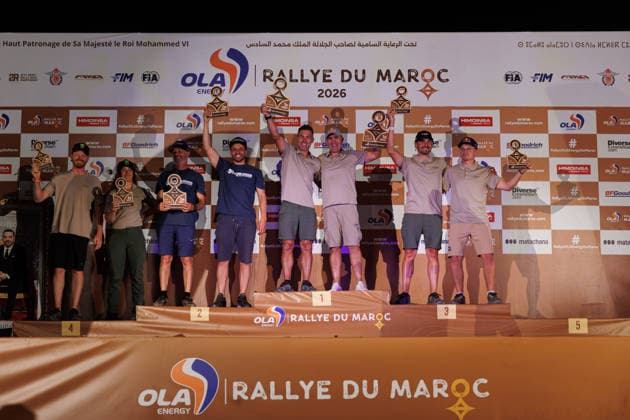 W2RC - RALLYE DU MAROC 2026 500 PETERHANSEL StÃ phane (fra), METGE MichaÃ«l (fra), Defender Dakar D7X-R, Defender Rally, FIA W2RC, STK STK, 505 SEAIDAN Yasir (ksa), POLATO Jean-Michel (fra), Toyota Land Cruiser GR Team Land Cruiser Toyota Auto Body, FIA W2RC, STK STK, 502 BACIUSKA Rokas (ltu), VIDAL Oriol (esp), Defender Dakar D7X-R, Defender Rally, FIA W2RC, STK STK, podium, portrait, during the the Podium and Prize Giving Ceremony of the Rallye du Maroc 2026, 4th round of the 2026 WR2C Championship from October 3, 2026 around Zagora, Morocco - AgadirMorocco  Copyright: xFREDERICxLExFLOCxHx