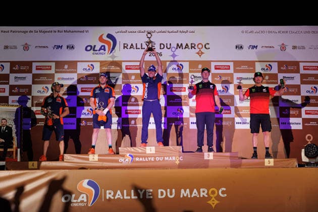 W2RC - RALLYE DU MAROC 2026 73 CANET Edgar (esp), Red Bull KTM Factory Racing, KTM 450 Rally Factory, FIM W2RC, Rally GP J, 01 SANDERS Daniel (aus), Red Bull KTM Factory Racing, KTM 450 Rally Factory, FIM W2RC, Rally GP, 09 BRABEC Ricky (usa), Monster Energy Honda HRC, Honda CRF 450, FIM W2RC, Rally GP, podium, portrait, 77 BENAVIDES Luciano (arg), Red Bull KTM Factory Racing, KTM 450 Rally Factory, FIM W2RC, Rally GP, 42 VAN BEVEREN Adrien (fra), Monster Energy Honda HRC, Honda CRF 450, FIM W2RC, Rally GP, podium, portrait, during the the Podium and Prize Giving Ceremony of the Rallye du Maroc 2026, 4th round of the 2026 WR2C Championship from October 3, 2026 around Zagora, Morocco - AgadirMorocco  Copyright: xFREDERICxLExFLOCxHx