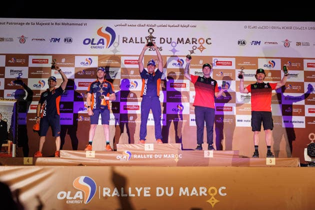 W2RC - RALLYE DU MAROC 2026 73 CANET Edgar (esp), Red Bull KTM Factory Racing, KTM 450 Rally Factory, FIM W2RC, Rally GP J, 01 SANDERS Daniel (aus), Red Bull KTM Factory Racing, KTM 450 Rally Factory, FIM W2RC, Rally GP, 09 BRABEC Ricky (usa), Monster Energy Honda HRC, Honda CRF 450, FIM W2RC, Rally GP, podium, portrait, 77 BENAVIDES Luciano (arg), Red Bull KTM Factory Racing, KTM 450 Rally Factory, FIM W2RC, Rally GP, 42 VAN BEVEREN Adrien (fra), Monster Energy Honda HRC, Honda CRF 450, FIM W2RC, Rally GP, podium, portrait, during the the Podium and Prize Giving Ceremony of the Rallye du Maroc 2026, 4th round of the 2026 WR2C Championship from October 3, 2026 around Zagora, Morocco - AgadirMorocco  Copyright: xFREDERICxLExFLOCxHx
