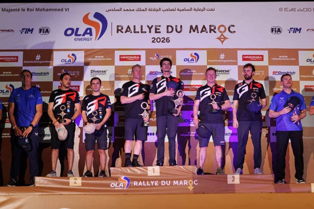 W2RC - RALLYE DU MAROC 2026 203 QUINTERO Seth (usa), SHORT Andrew (usa), Toyota Hilux GR, Toyota Gazoo Racing W2RC, FIA W2RC, ULT T1+, 240 FERREIRA Joao (por), PALMEIRO Filipe (por), Toyota Hilux IMT Evo, Toyota Gazoo Racing SA, FIA W2RC, ULT T1+, 202 LATEGAN Henk (rsa), CUMMINGS Brett (rsa), Toyota Hilux GR, Toyota Gazoo Racing W2RC, FIA W2RC,ULT T1+, podium, portrait, during the the Podium and Prize Giving Ceremony of the Rallye du Maroc 2026, 4th round of the 2026 WR2C Championship from October 3, 2026 around Zagora, Morocco - AgadirMorocco  Copyright: xFREDERICxLExFLOCxHx