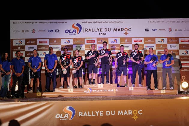W2RC - RALLYE DU MAROC 2026 203 QUINTERO Seth (usa), SHORT Andrew (usa), Toyota Hilux GR, Toyota Gazoo Racing W2RC, FIA W2RC, ULT T1+, 240 FERREIRA Joao (por), PALMEIRO Filipe (por), Toyota Hilux IMT Evo, Toyota Gazoo Racing SA, FIA W2RC, ULT T1+, 202 LATEGAN Henk (rsa), CUMMINGS Brett (rsa), Toyota Hilux GR, Toyota Gazoo Racing W2RC, FIA W2RC,ULT T1+, podium, portrait, during the the Podium and Prize Giving Ceremony of the Rallye du Maroc 2026, 4th round of the 2026 WR2C Championship from October 3, 2026 around Zagora, Morocco - AgadirMorocco  Copyright: xFREDERICxLExFLOCxHx