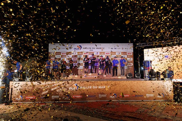 W2RC - RALLYE DU MAROC 2026 203 QUINTERO Seth (usa), SHORT Andrew (usa), Toyota Hilux GR, Toyota Gazoo Racing W2RC, FIA W2RC, ULT T1+, 240 FERREIRA Joao (por), PALMEIRO Filipe (por), Toyota Hilux IMT Evo, Toyota Gazoo Racing SA, FIA W2RC, ULT T1+, 202 LATEGAN Henk (rsa), CUMMINGS Brett (rsa), Toyota Hilux GR, Toyota Gazoo Racing W2RC, FIA W2RC,ULT T1+, podium, portrait, during the the Podium and Prize Giving Ceremony of the Rallye du Maroc 2026, 4th round of the 2026 WR2C Championship from October 3, 2026 around Zagora, Morocco - AgadirMorocco  Copyright: xFREDERICxLExFLOCxHx