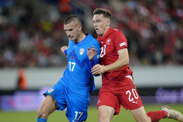 Luzern, Switzerland - October 03: David Zec (17 SLO) against Michel Aebischer (20 SUI) during the UEFA Nations League match between Switzerland and Slovenia at thermoplan arena on October 03, 2026 in Luzern, Switzerland. Copyright: xKjetilxWaberx xSPPx Sportspressphoto_SPR244869