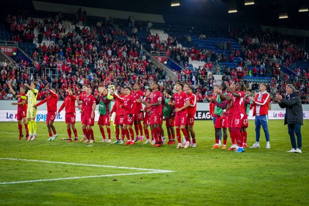 Soccer: UEFA Nations League 2026–2027, Matchday 3: Switzerland vs. Slovenia at Thermoplan Arena in Lucerne—Joy, excitement, and celebration among the Swiss team and fans after their 2–1 home victory Copyright: xJOERANxSTEINSIEKx