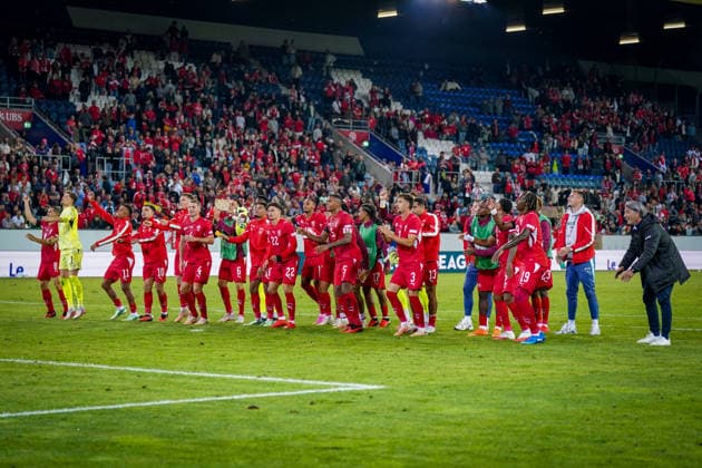 Soccer: UEFA Nations League 2026–2027, Matchday 3: Switzerland vs. Slovenia at Thermoplan Arena in Lucerne—Joy, excitement, and celebration among the Swiss team and fans after their 2–1 home victory Copyright: xJOERANxSTEINSIEKx