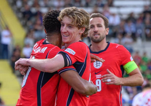 03 October 2026 - Croatia v England - UEFA Nations League - Stadion HNK - Rijeka - Croatia. Croatia v England - UEFA Nations League - Stadion HNK - Rijeka - Croatia. England s Jude Bellingham celebrates his goal with Anthony Gordon. Picture : Mark Pain RIJEKA CROATIA  Copyright: xMarkxPainx