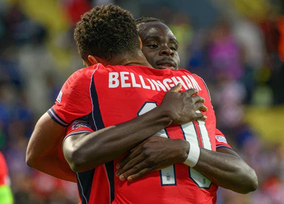 03 October 2026 - Croatia v England - UEFA Nations League - Stadion HNK - Rijeka - Croatia. Croatia v England - UEFA Nations League - Stadion HNK - Rijeka - Croatia. England s Bukayo Saka celebrates his goal with Jude Bellingham. Picture : Mark Pain RIJEKA CROATIA Copyright: xMarkxPainx