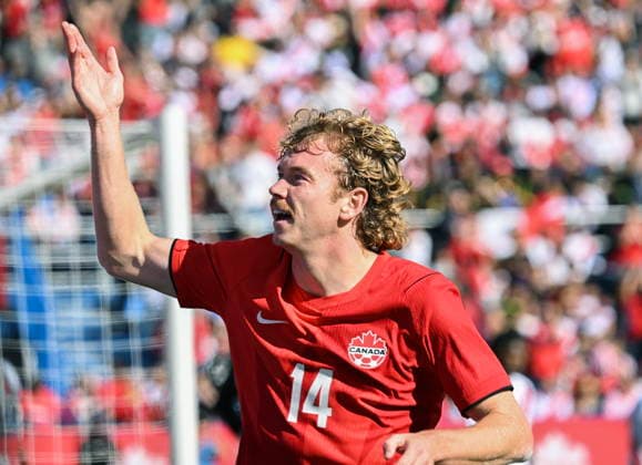 October 3, 2026, Montreal, Pq, Canada: Canada s Jacob Shaffelburg (14) celebrates after scoring against Peru during first half International Friendly, Länderspiel, Nationalmannschaft soccer action in Montreal, on Saturday, Oct. 3, 2026. Canada News - October 3, 2026 - ZUMAc35_ 20261003_zaf_c35_062 Copyright: xGrahamxHughesx